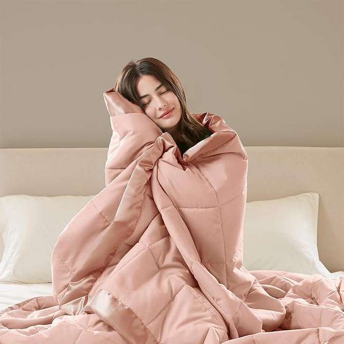 Madison Park Windom Down Alternative Blanket, Premium 3M Scotchgard Moisture Wicking Treatment, Lightweight and Soft Bed Cover For All Season, Satin Trim, Blush Full/Queen