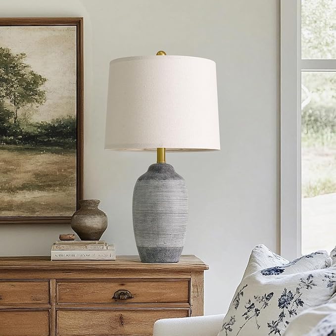 24.5" Vintage Ceramic Table Lamp with 5FT Cord,Single Farmhouse Rustic Bedside Lamp with Natural Textured Finish, Nightstand Lamps for Living Room, Bedroom End Table Office Rustic Black & Gray
