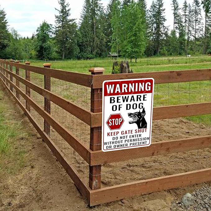 snowsun Warning Metal Signs Beware of Dog Stop Keep Gate Shut Doberman Dog Tin Sign for Home Garden Yard Street Wall Decor 8×12 Inches