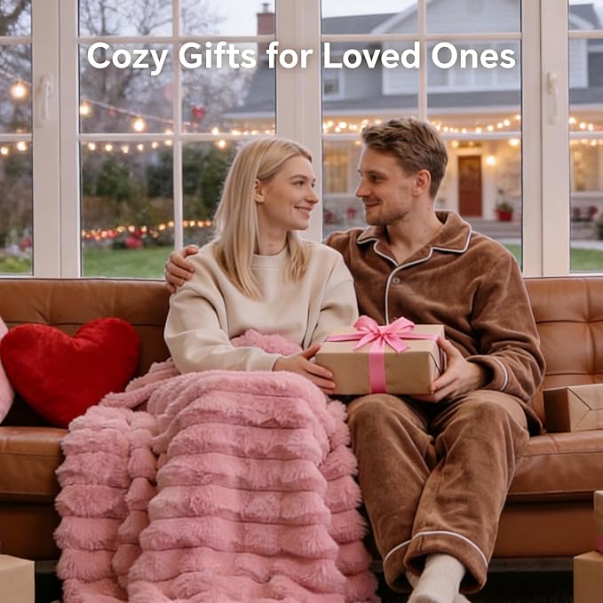 BEDELITE Faux Fur Throw Blanket for Couch, Soft and Cozy Luxurious 3D Striped Fluffy Blanket, 770GSM Thick Warm Plush Fuzzy Faux Rabbit Fur Blanket for Women Gift (Pink, 60"x 80")