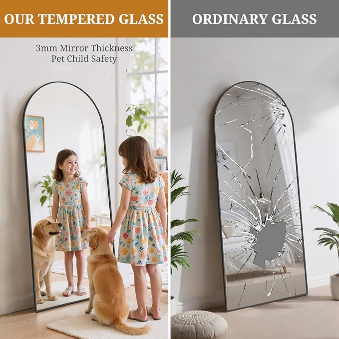 Full Length Mirror 56"x21" Full Body Mirror Arched Free Standing Wall Mounted Leaning Floor Mirrors with Stand Aluminum Alloy Frame for Bedroom Cloakroom, Black