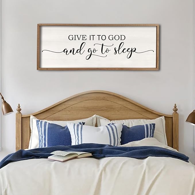 Give It To God And Go To Sleep Sign Wall Decor 40"X15" Master Bedroom Above Bed Large Farmhouse Wall Decor Wood Rustic Framed Over Bed Wall Art Hanging Decoration (Wood White)