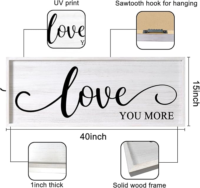 Love You More Decorative Rustic Sign & Plaque Framed Wall Art for Couples, 40''×15'' Vintage Cottagecore Wooden Horizontal Love Quote Home Decor Above Bed for Living Room, Farmhouse Wedding Gift