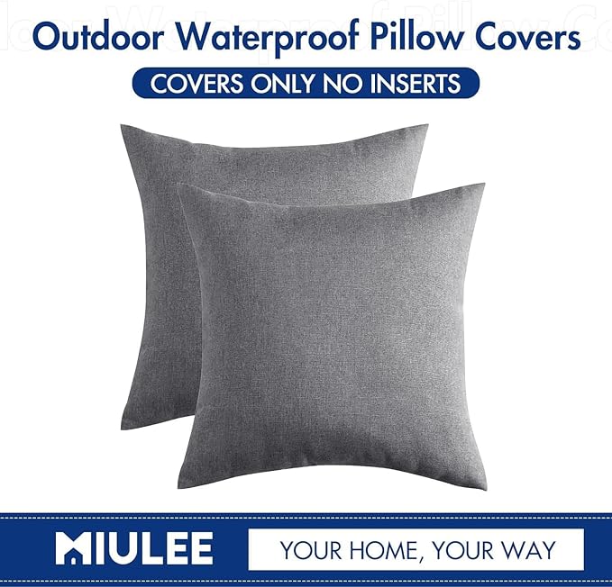 MIULEE Pack of 2 Decorative Outdoor Solid Waterproof Throw Pillow Covers Faux Linen Garden Farmhouse Cushion Cases for Patio Tent Balcony Couch Sofa 16x16 Inch Light Grey