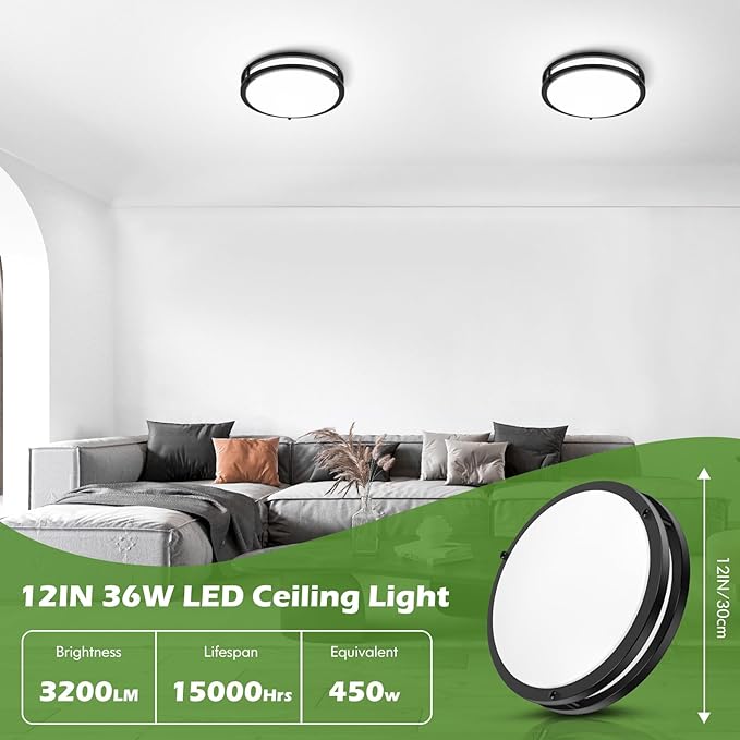 GoBright 1-Pack 36W LED Ceiling Light Fixture (450W Equiv), 12IN Modern Flush Mount Ceiling Lights, Dimmable Ceiling Lamps Super Bright 3200LM, 2700K-6500K 5CCT Adjustable for Bedroom Kitchen, Black