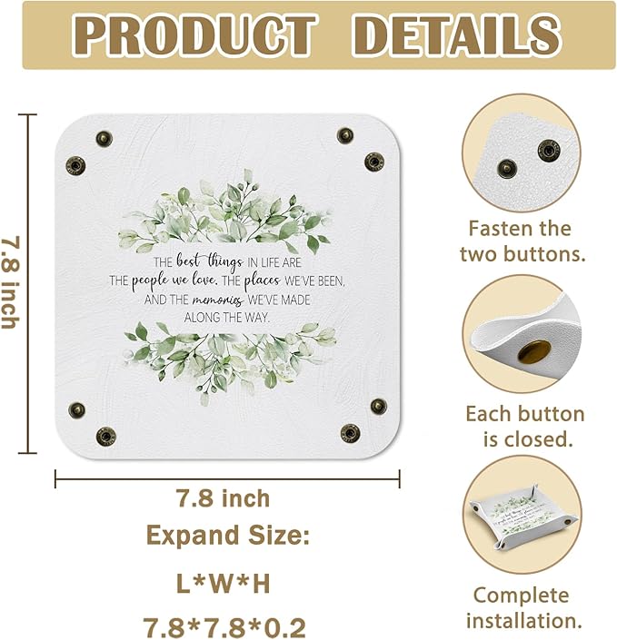 Inspirational Gifts for Women Leather Jewelry Valet Tray, Encouragement Gifts PU Leather Catchall Beside Caddy Nightstand Organizer Tray for Jewelry Rings Watches Keys, 7.8x7.8inch