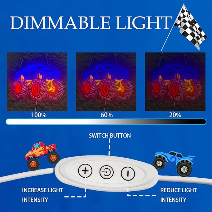 Monster Truck Neon Sign for Boys Room, Playroom Wall Decor, Trendy Teen Room Decorations, Party and Birthday Gift Idea, Night Light with USB Powered Dimmable Switch, 15 x 10.5 in