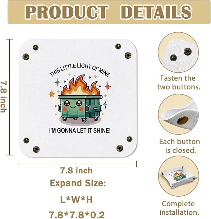 Dumpster Fire Gifts Valet Jewelry Tray for Colleague Women Men, Funny Office Gifts PU Leather Catchall Beside Caddy Nightstand Organizer Tray for Rings Watches Keys and Accessories,7.87x7.87in