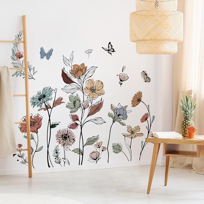 Runtoo Boho Flower Wall Decals Simple Wildflower Floral Wall Stickers for Girls Bedroom Nursery Home Decor