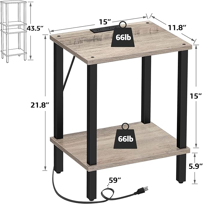TUTOTAK End Table with Charging Station, Set of 2, Small Side Table, Nightstand Bedside Table, 2-Tier Storage Shelf for Small Space, Living Room, Bedroom Greige V1TB01BG041