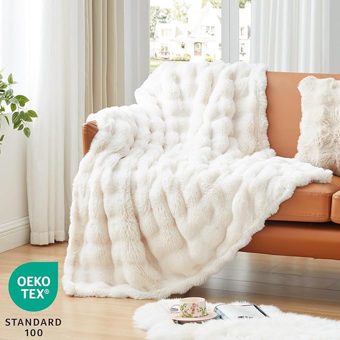 EXQ Home Fluffy Faux Rabbit Fur Throw Blanket for Couch, Soft Luxury Bubble Double Sided Plush Blanket, Cozy Thick Warm Fuzzy Decorative Blanket for Bed Chair Sofa Living Room,50"X60"(Beige)