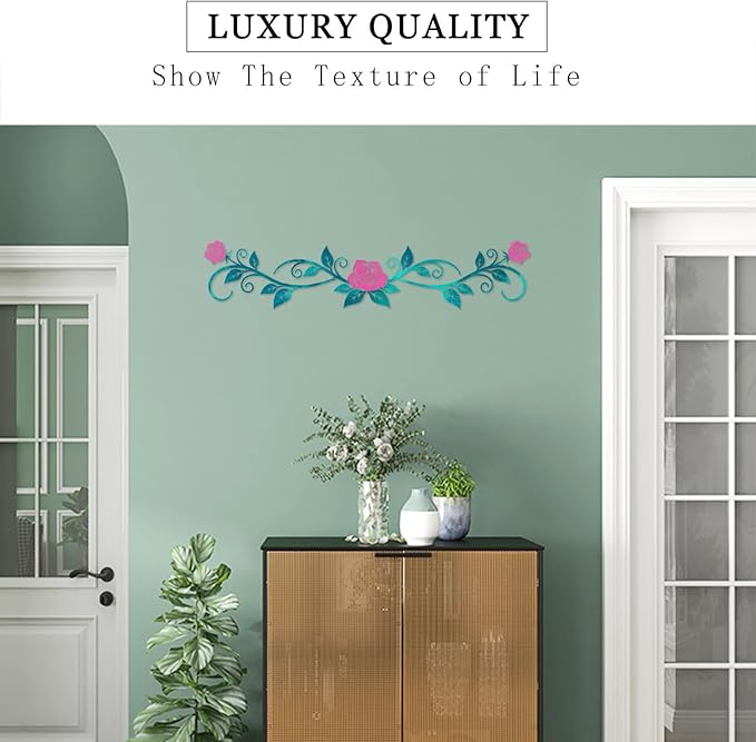 AHYS Metal Flowers Wall Decor Rustic Flat Rose Vine Wall Art for Farmhouse Home Living Room Bedroom for Above Door/Bed/Windows Decor (Cyan & Pink) - 29x6.3 Inches