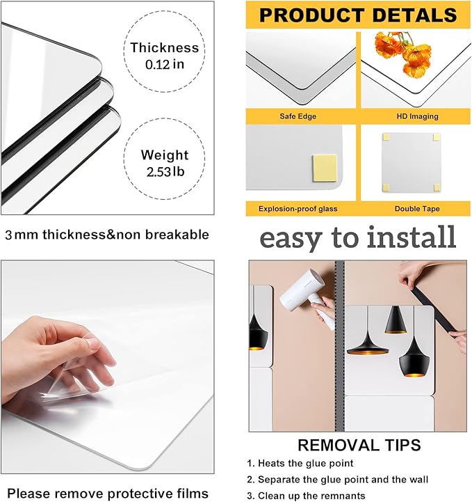 Full Length Mirror Unbreakable Gym Mirrors for Home Gym, 12"X12"X0.12", 4 Pcs, Plexiglass Locker Tiles, Body Workout Wall Mirror for Bedroom, Over The Door Wall-Mounted Sticker