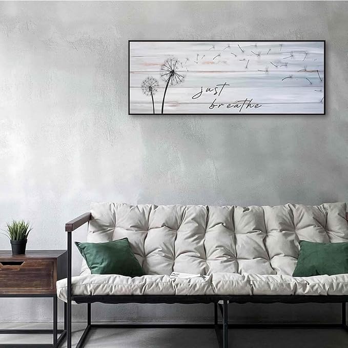 Modern Farmhouse Wall Decor - Just Breathe Dandelion Canvas Prints Wall Art Above Bed Wall Decor Bedroom Decor Wall Farmhouse Decor Vintage Decor Bedroom Bathroom Office(Black Wooden Frame) 46x19inch
