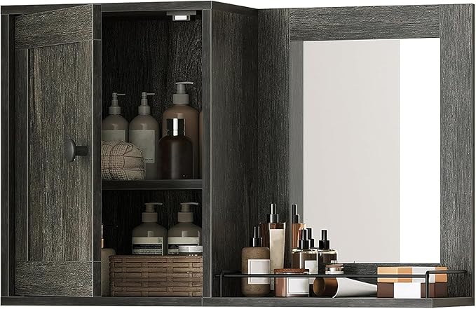 Medicine Wall Cabinet with Mirror, Bathroom Mirror with Storage, Medicine Cabinet Mirror, Wall Mounted Home Storage, Adjustable Shelf, for Laundry Room, Bedroom, Camper, Hallway, Smoky Oak
