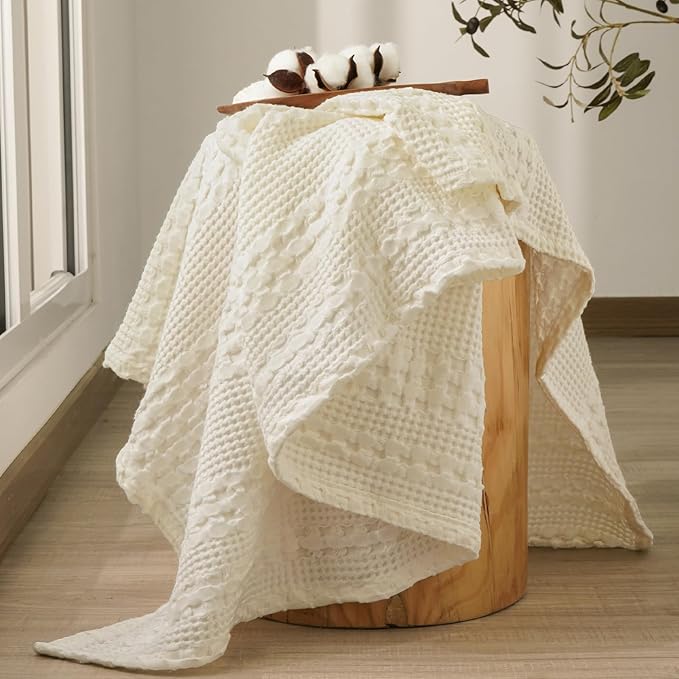 PHF 100% Cotton Waffle Weave Throw Blanket, Soft Lightweight Breathable Cozy Throws for Couch Bed Sofa, Luxury Aesthetic Blanket Gift for Home Decor & Office, 50"x60", Cannoli Cream