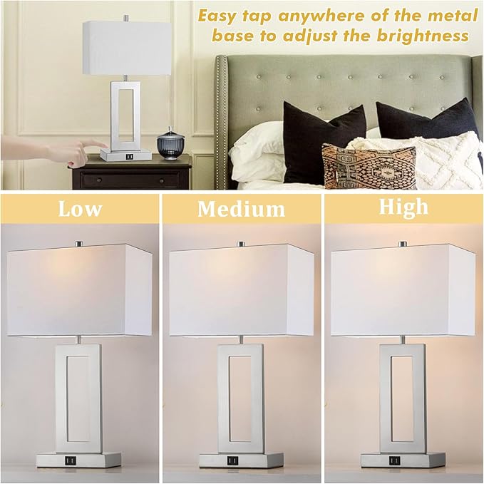 Silver Table Lamps Set of 2 with Dual USB Ports,3-Way Dimmable Touch Control Bedside Lamps,Modern Bedroom Table Lamp for Living Room,Nightstand LED Bulbs Included