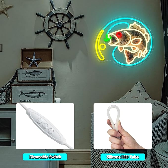 Fishing Neon Sign, Dimmable Fishing Hook Lights Neon for Wall Decor, Fishing Themed LED Neon Light Sign for Fishing Lovers Fishing Gear Store Man Cave Yacht Party Coastal Kitchen Bedroom Boy Presents (Fishing printing)