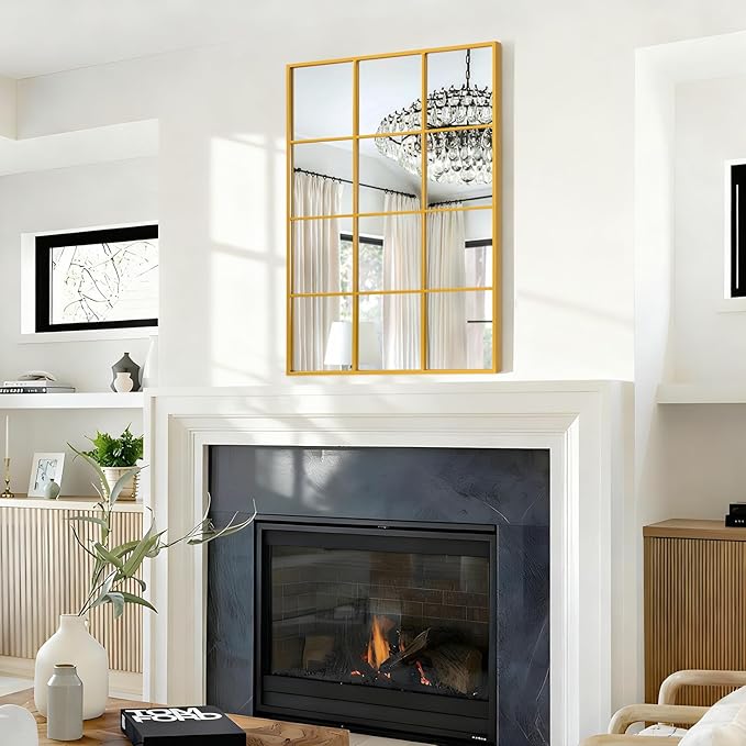 Gold Metal Mirror, Rectangle Wall Mounted Mirror Gold Modern Art Mirrors Mirrors for Living Room Bedroom Fireplace 20x28 Inch Decor