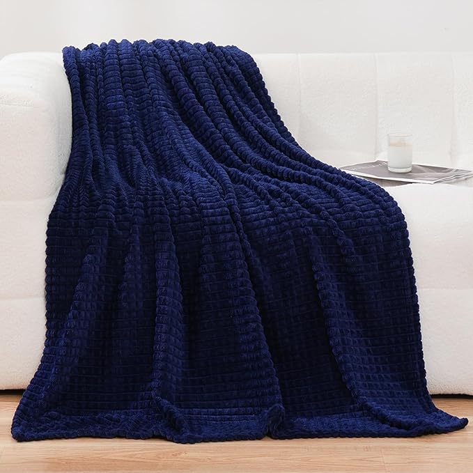 Puncuntex Flannel Fleece Throw Blanket Dark Navy Blue 60"×80",Super Soft Plush Cozy Blanket with Square Grid Design Luxury for Couch Sofa Chair