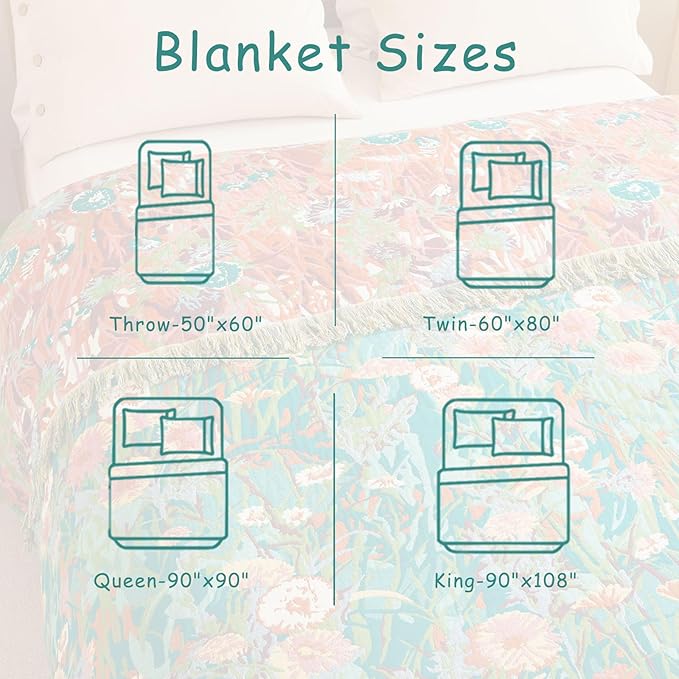 Boho Throw Blanket - 50"x60" 100% Cotton Ultra Soft Lightweight Spring Blanket, 4-Layer Breathable Muslin Blankets for Bed Couch, Reversible Green Floral Printed Bohemian Cotton Quilt