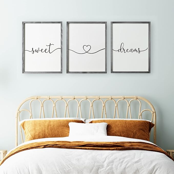 Set of 3 Framed Farmhouse Sweet Dreams Sign 11x14” Above Bed Wall Decor for Bedroom Decor Wall Art Wood Signs (11"x14", Gray)