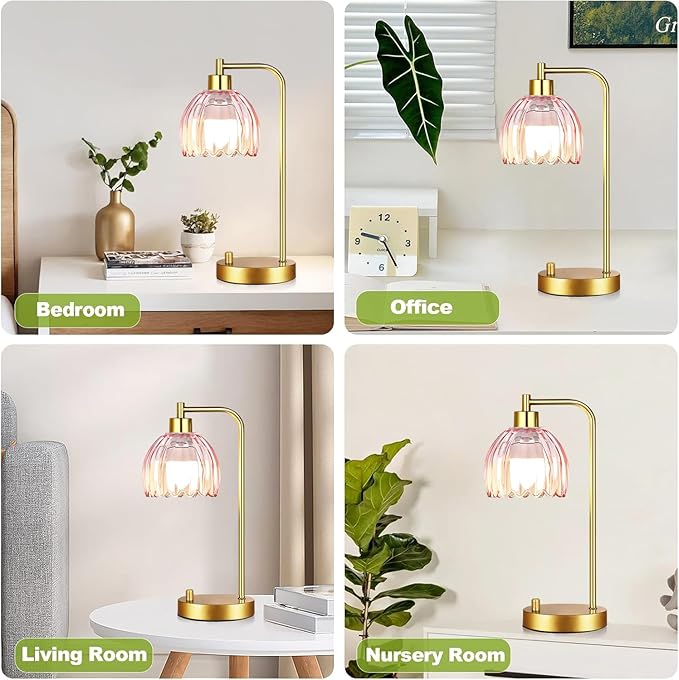 Pink Table Lamp Set of 2,Small Gold Bedside Lamps Dimmable Boho Bedroom Lamp with Tulip Flower Glass Lamp Shade,Vintage Mid Century Modern Mini Nightstand Lamp for Kids Bedroom Living Room