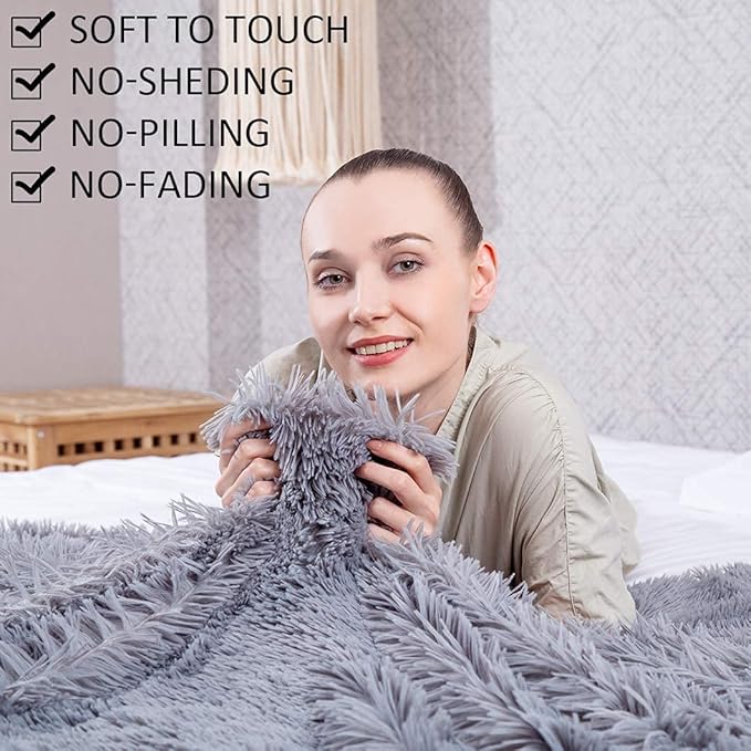 YUSOKI Long Faux Fur Twin Size Blanket,2 Layers,3.4lb for Bed Couch Home Décor Gifts Men (Grey,60" x 80")