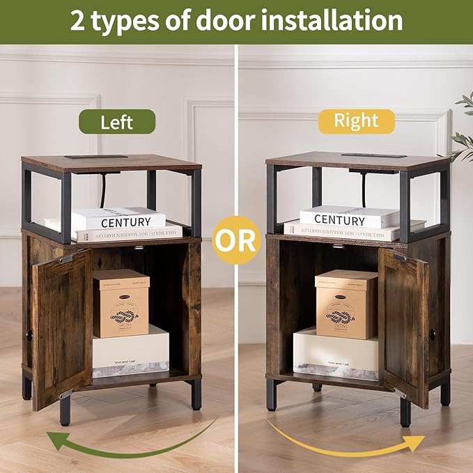 Yoobure Farmhouse NightStand with Charging Station，Wood Night Stand End Table with USB Ports, LED Bed Side Table with Storage Cabinet，Bedside Table for Bedroom, Living Room Rustic Brown