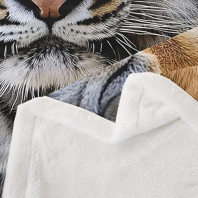 Tiger 3D African Wildlife Feline Carnivorous Animal Lying On The Stone Minimalistic Style Fleece Blanket, Decorative Sofa Sherpa Blanket Lightweights, 40"x50", Black White