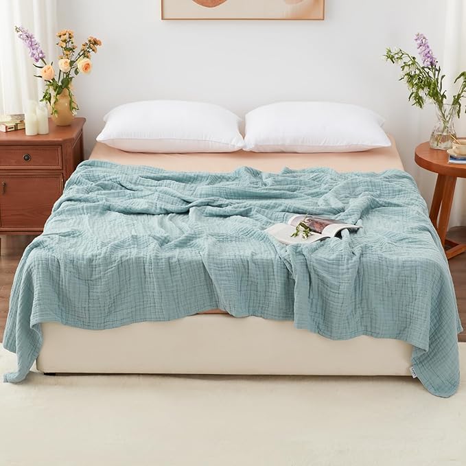 Love's cabin 100% Cotton Muslin Blanket, 6 Layer Lightweight Breathable Gauze Queen Size Blanket 90 x 90 Inches, Soft All Season Blanket for Bed, Cyan