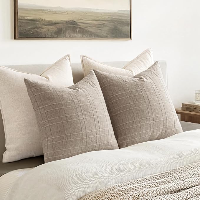 MIULEE Decorative Linen Check Throw Pillow Covers Neutral Farmhouse Vintage Pillow Covers 18x18 Set of 2 Boho Modern Home Decor for Sofa Couch Bedroom Cushion Natural Linen