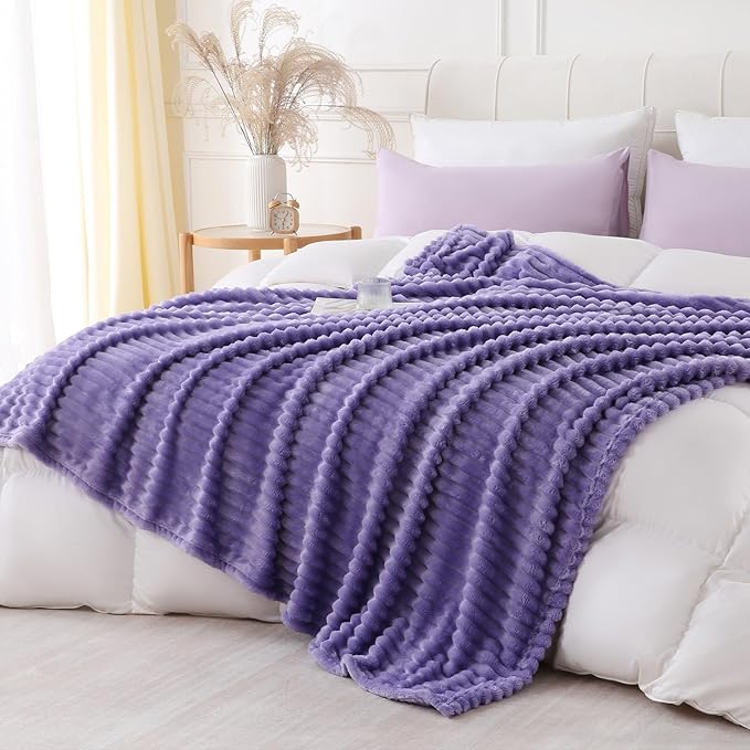 Lavender Throw Blanket for Couch Sofa 50x60 inches Striped Fleece Blankets Room Home Decor Lightweight Plush Soft Cozy Gifts for Women Mom Girls