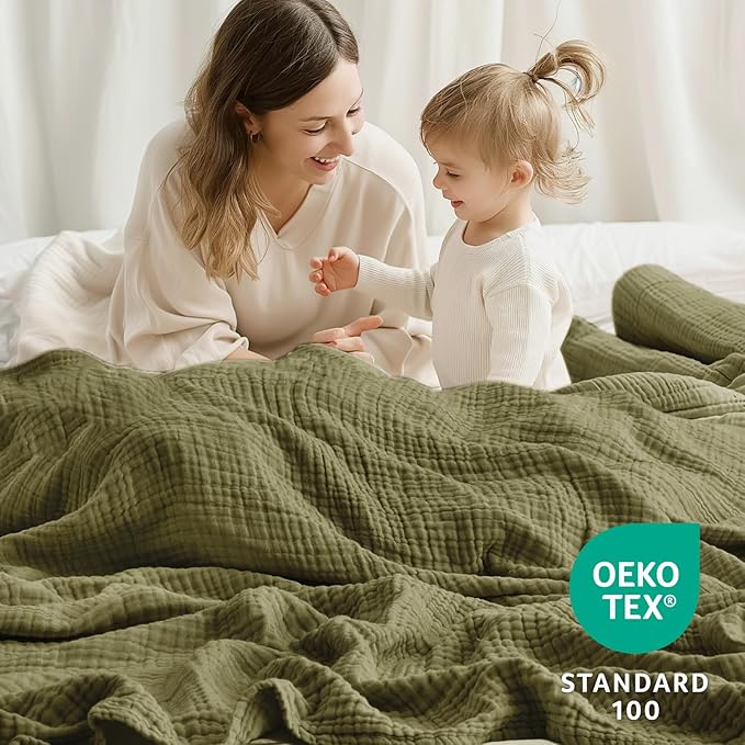 100% Cotton Muslin Blanket Large 50" x 70", Breathable and Lightweight Cotton Throw Blankets for Bed and Couch, Soft Cooling Summer Gauze Blanket for Adults All Season, Olive Green