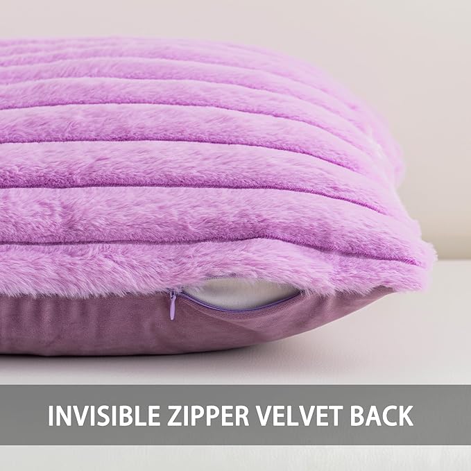 Aegero Pack of 2 Faux Fur Fall Throw Pillow Covers 18x18 Inch, Soft Plush Striped Neutral Couch Pillow Cover, with Velvet Back Modern Home Decor for Sofa Living Room Couch Bed Purple