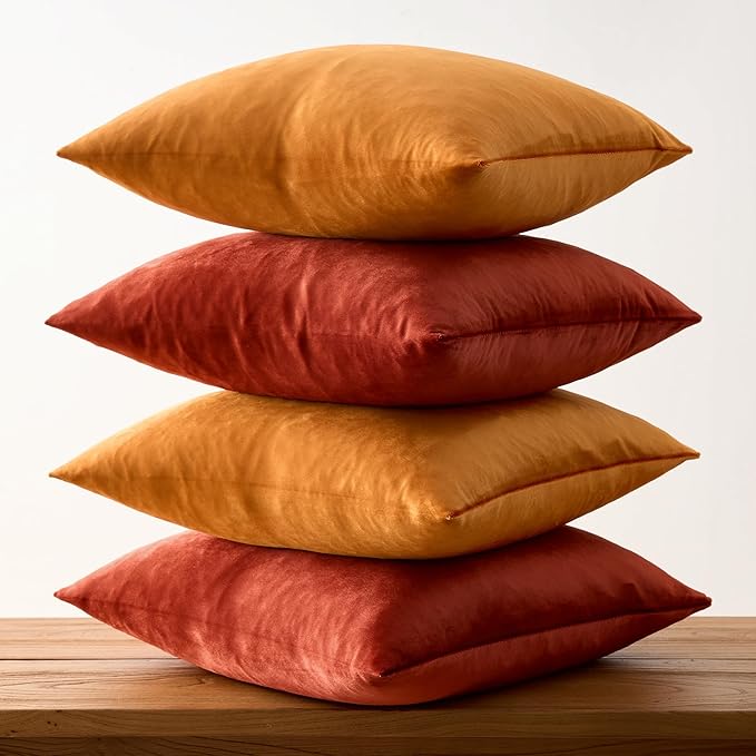 GIGIZAZA Decorative Velvet Pillow Covers - 18x18 Throw Pillows Soft Burnt Orange Covers Accent for Couch Living Room Bed Square Modern Luxury Cushion Covers Home Decor Set of 4