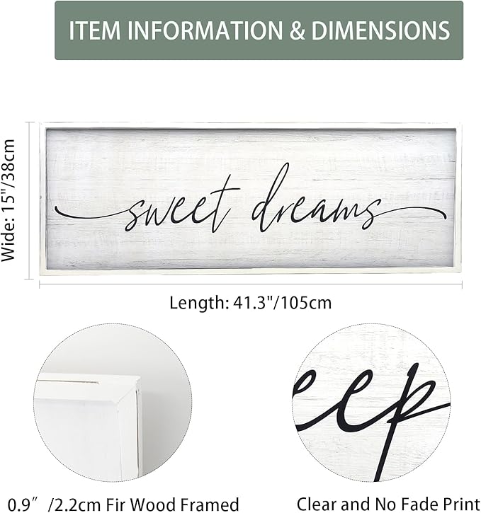 Sweet Dreams Wall Decor Above Bed Large 41''×15'' Farmhouse Wall Decor for Bedroom Guest Room Decor Framed Wood Wall Art Rustic Master Bedroom Wall Decoration 01 (white frame)
