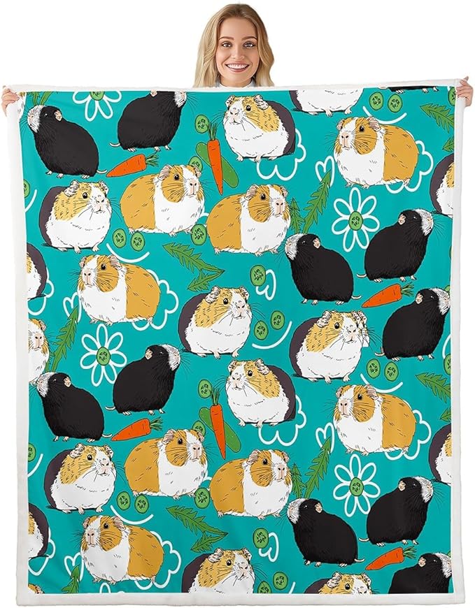 Erosebridal Kids Guinea Pig Sherpa Blankets Cavia Porcellus Blanket Throw for Boys Girls Popular Household Pet Animal Fleece Blankets Dairy Carrot Cartoon Fuzzy Blanket Queen 90"X90" Green Blue Red