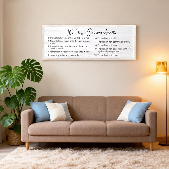 The Ten Commandments Rustic Bible Verse Framed Wall Art, 40''×15'' Positive Religious Christian Saying Sign for God Jesus Christ Prayer, Vintage Horizontal Holy Inspirational Catholic Scripture Decor