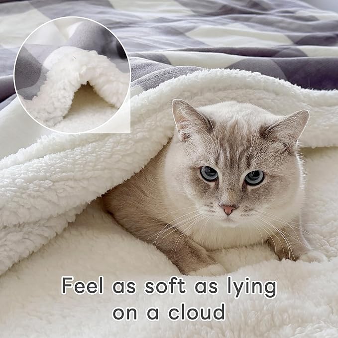 Sherpa Blanket Throw Blanket for Couch Sherpa Fleece Blanket Fluffy Checkered Soft Blanket for All Season Use Cozy Thick Warm Big Throws (Grey-Soft White, 80"*90")