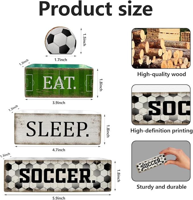 4 Pcs Soccer Table Decorations Wooden Tabletop Tiered Tray Decor Rustic Soccer Wood Block Sign Gift Table Centerpiece for Birthday Party Home Teens Room Desktop Shelf