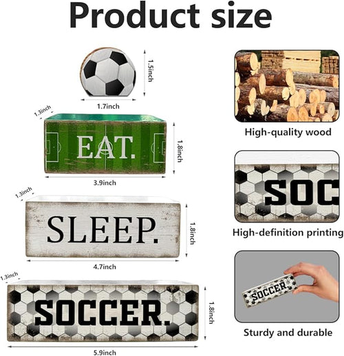 4 Pcs Soccer Table Decorations Wooden Tabletop Tiered Tray Decor Rustic Soccer Wood Block Sign Gift Table Centerpiece for Birthday Party Home Teens Room Desktop Shelf