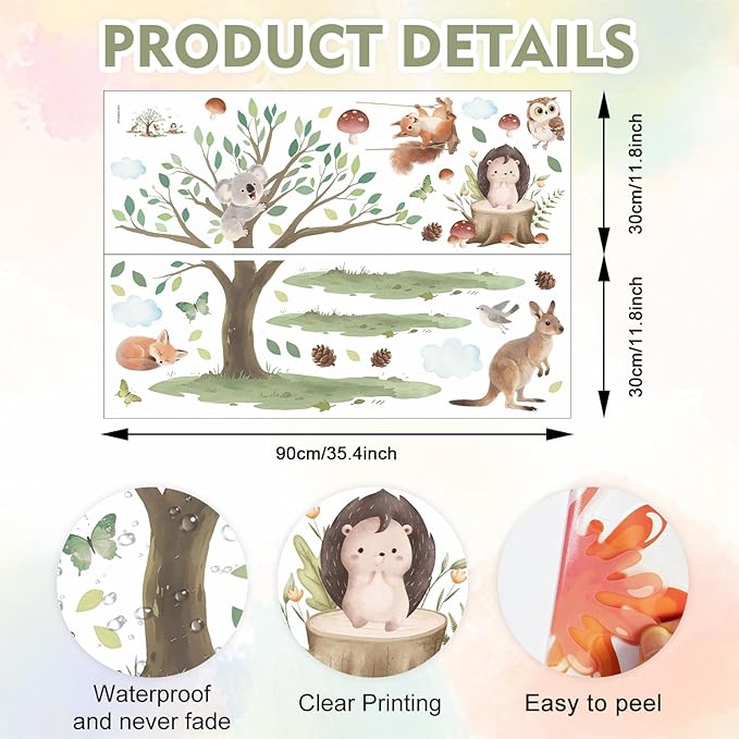 HLNIUC Jungle Animals Tree Double Sided Wall Decal(35”x24”)Safari Kangaroo Owl Squirrel Wall Sticker,Forest Koala Fox Bird Window Cling,Cartoon Woodland Hedgehog Room Stickers for Kids Bedroom,Nursery