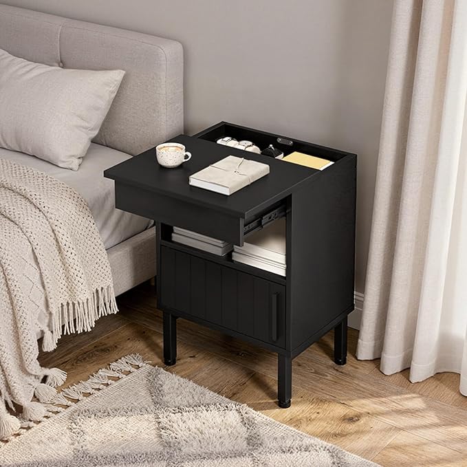 Nightstand with Gun Drawer, Bedside Table with Hidden Compartment, End Table with Storage Cabinet, Night Stand for Bedroom, Office, Black ET22BB