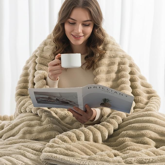 decorUhome Soft Fleece Light Brown Blanket King Size for Bed, Cozy Fluffy Plush Flannel Large Striped Throws for Couch Sofa, Lightweight Decorative Fuzzy Blanket for Woman, 108x90 Inches