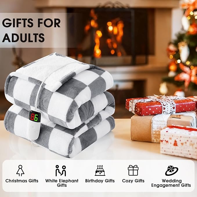 Heated Electric Blanket Twin Size, 62X84 Heating Blanket with 10 Heat Level & 8 Hours Auto Off, Light Gray Checkered Plaid Soft Fleece Sherpa Blankets Warmer Gifts for Couch Grandma Women Adults