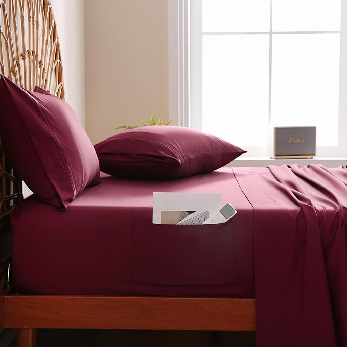 JSD Burgundy Full Sheet Set with Side Pocket Corner Straps, 4 Piece Soft Microfiber Bed Sheets Extra Deep Pocket