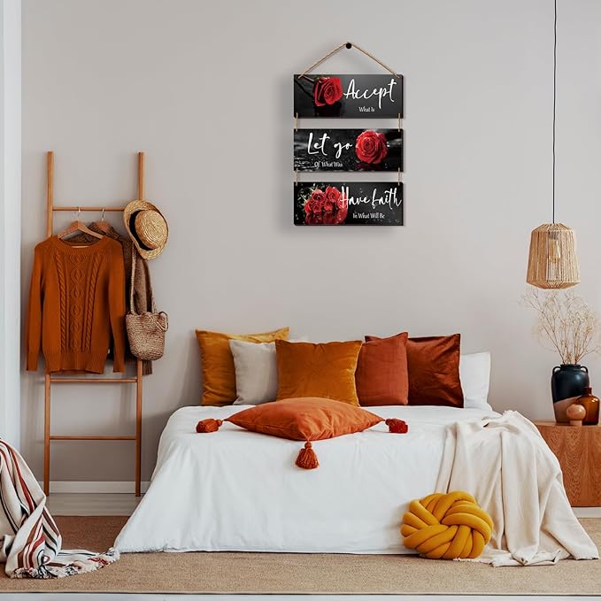 3 Pcs Red Decor Flower Rose Wall Art with Quotes for Girl Women Bathroom Living Room Bedroom Decor (Red Rose 10 x 4 Inch)