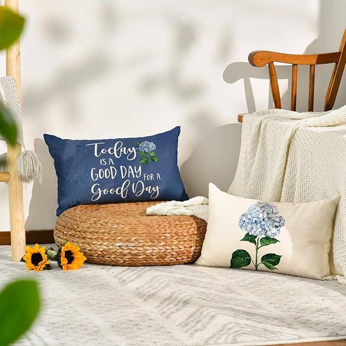 AVOIN colorlife Blue Hydrangea Spring Summer Throw Pillow Covers, 12 x 20 Inch Today is A Good Day Dark Blue Cushion Case Decoration for Sofa Couch Set of 4, Bule