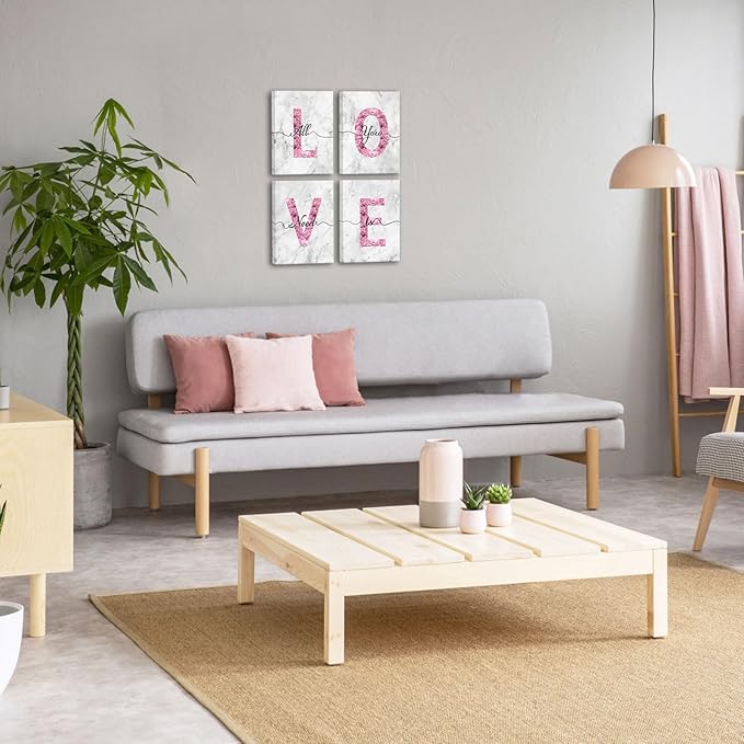 sechars Glam Pink Canvas Wall Art All You Need is Love Sign Decor Fashion Glitter Marble Love Quotes for Girl Women Bedroom Bathroom Valentine's Day Gifts (White)
